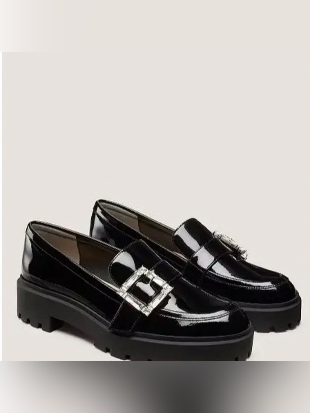 Stuart Weitzman Black Patent Loafers with Silver Buckle